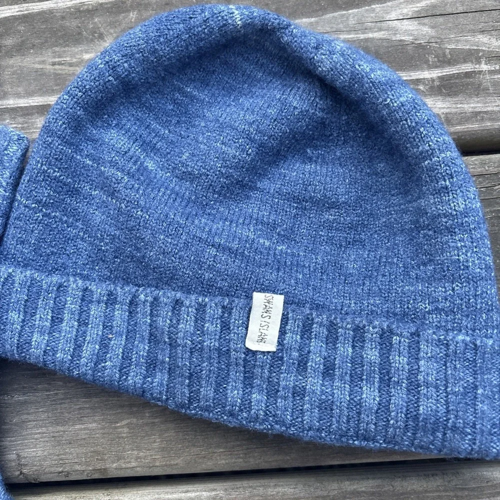 Swans Island hand dyed blue USA Silk Wool fingerless gloves Beanie Hat Cap Knit